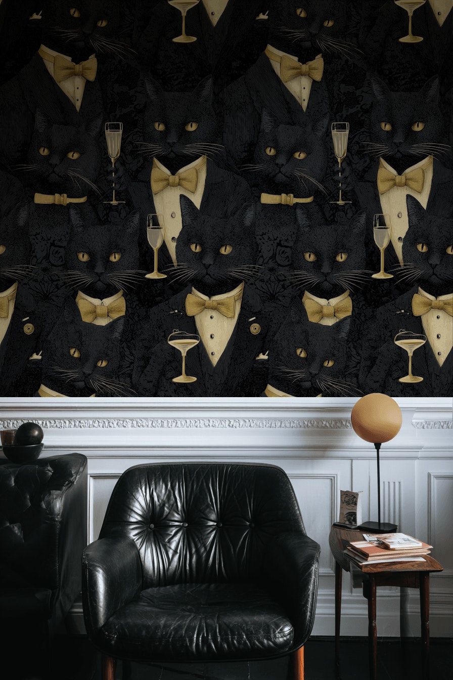 Black Cat Wallpaper Gold Bow Tie Art Deco Wall Mural