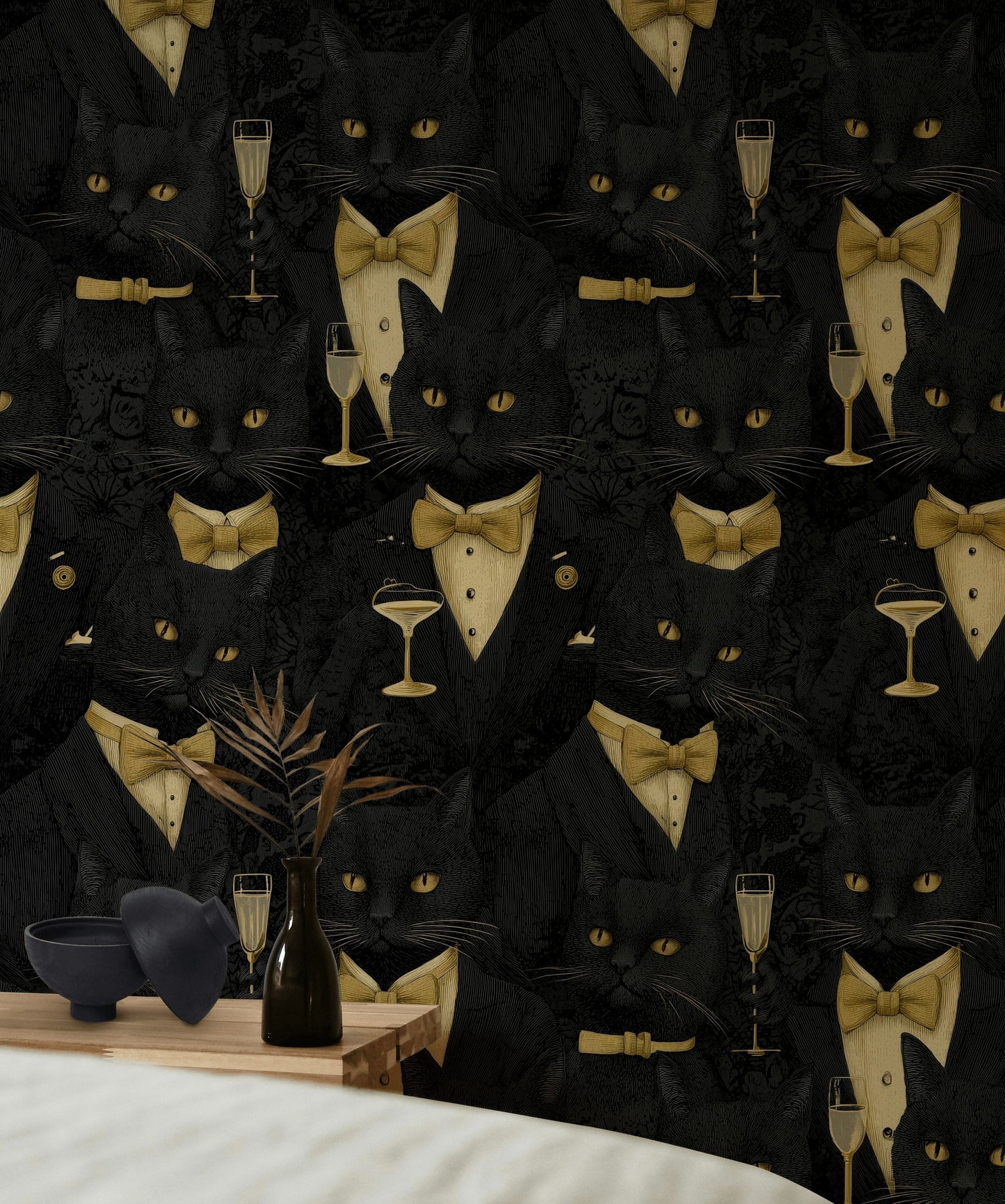 Black Cat Wallpaper Gold Bow Tie Art Deco Wall Mural