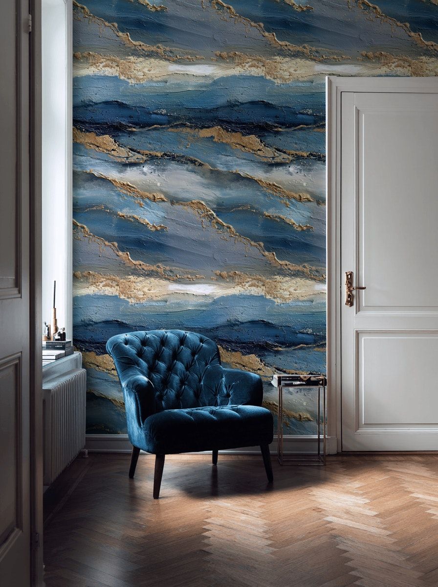 Blue Gold Abstract Ocean Wallpaper Modern Wall Mural