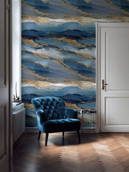 Blue Gold Abstract Ocean Wallpaper Modern Wall Mural