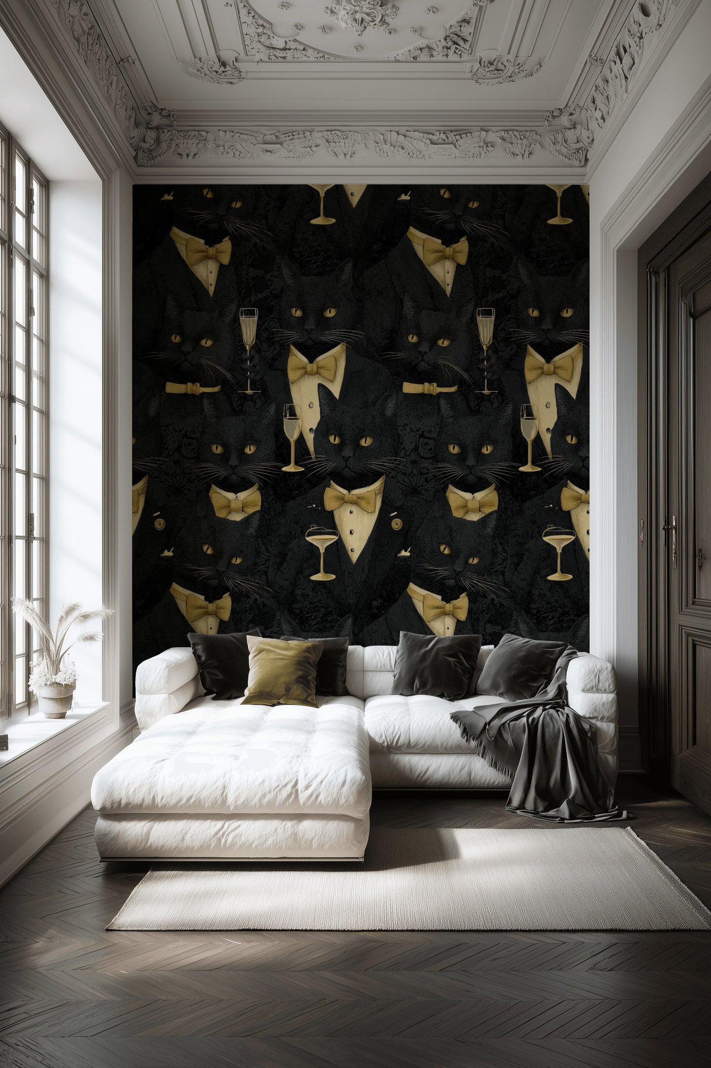 Black Cat Wallpaper Gold Bow Tie Art Deco Wall Mural