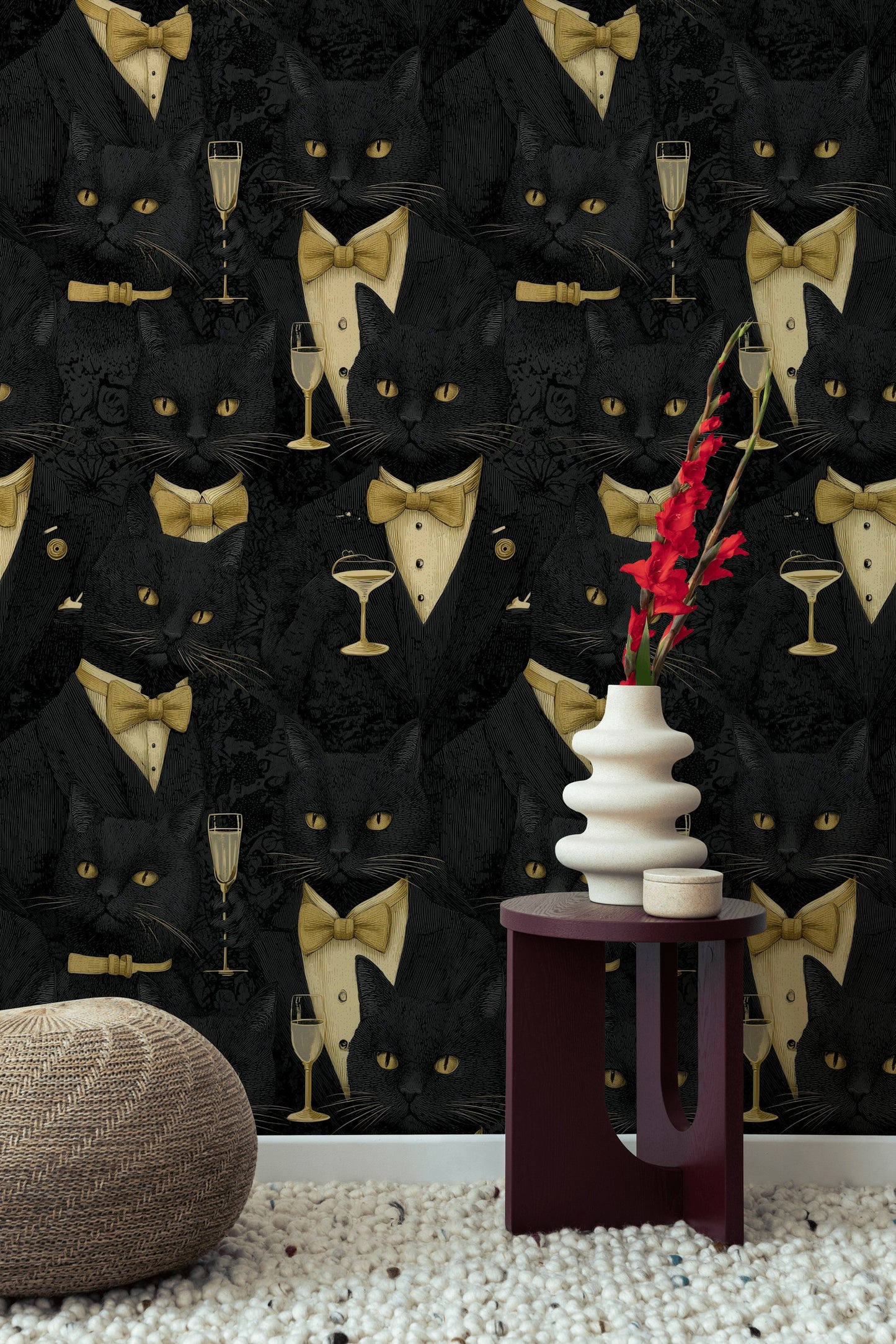 Black Cat Wallpaper Gold Bow Tie Art Deco Wall Mural