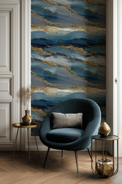 Deep Blue and Golden Look Abstract Brushstroke Wallpaper