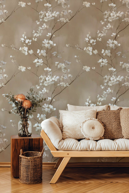 Beige Cherry Blossom Floral Wallpaper
