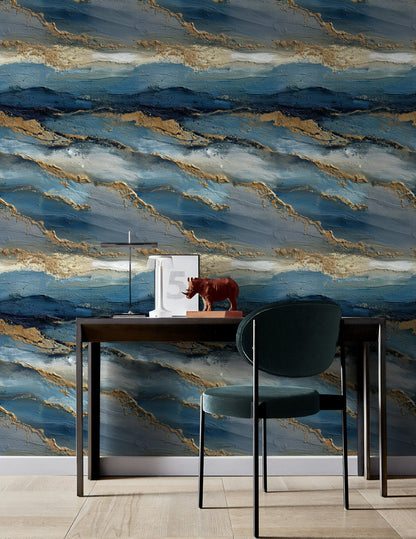 Deep Blue and Golden Look Abstract Brushstroke Wallpaper