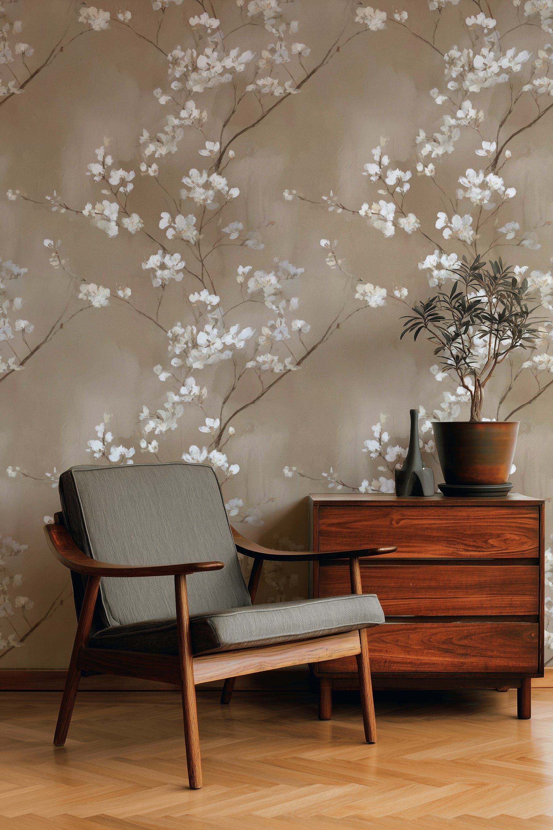 Beige Cherry Blossom Floral Wallpaper