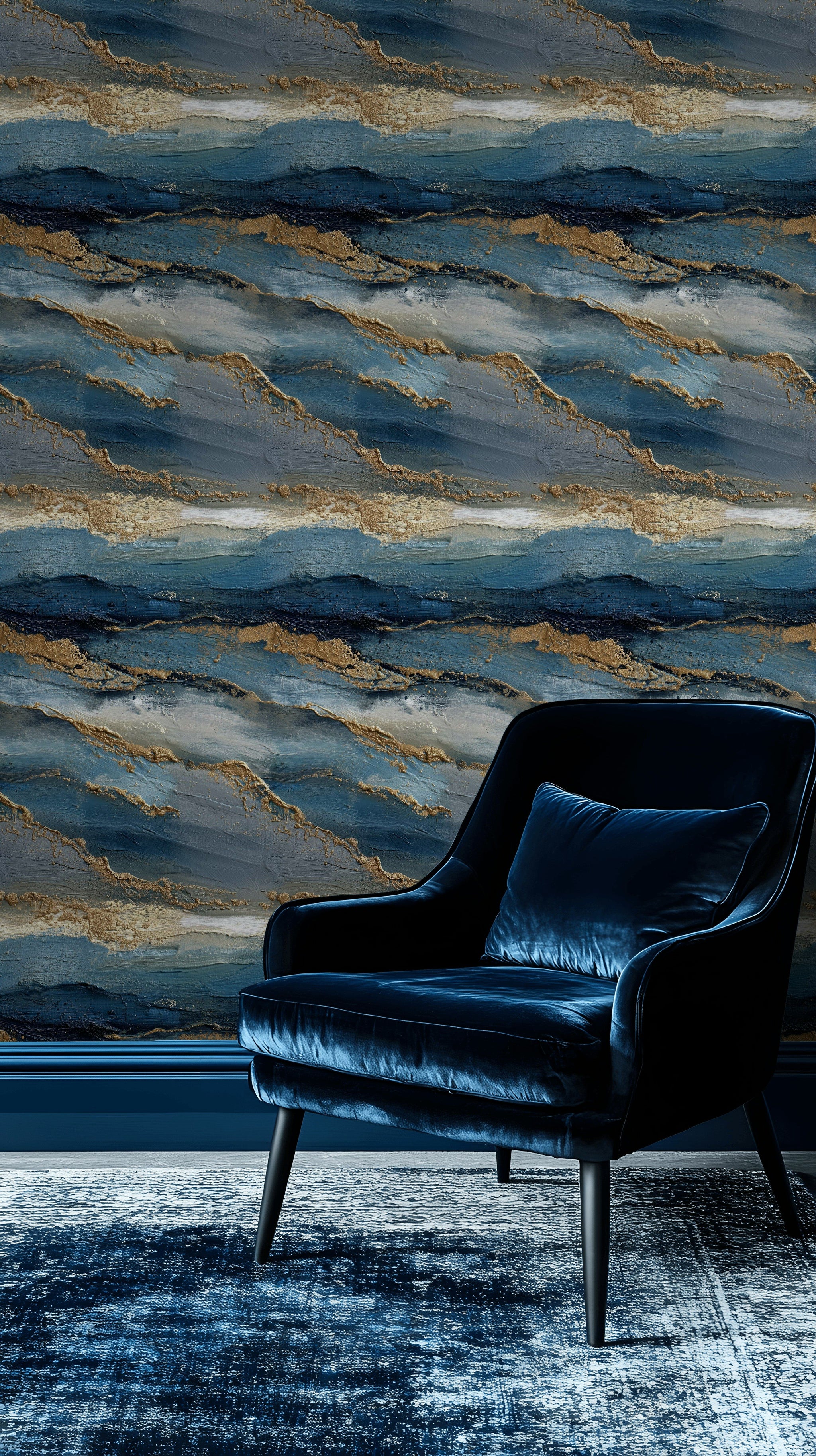 Deep Blue and Golden Look Abstract Brushstroke Wallpaper