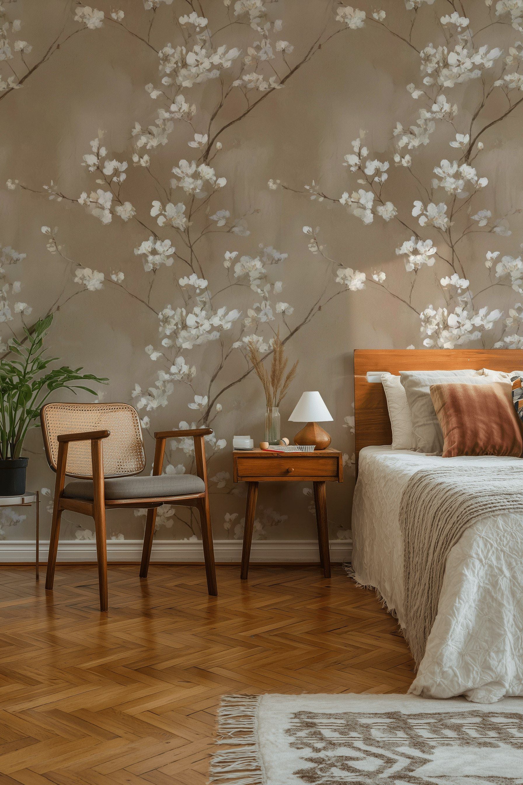 Beige Cherry Blossom Floral Wallpaper