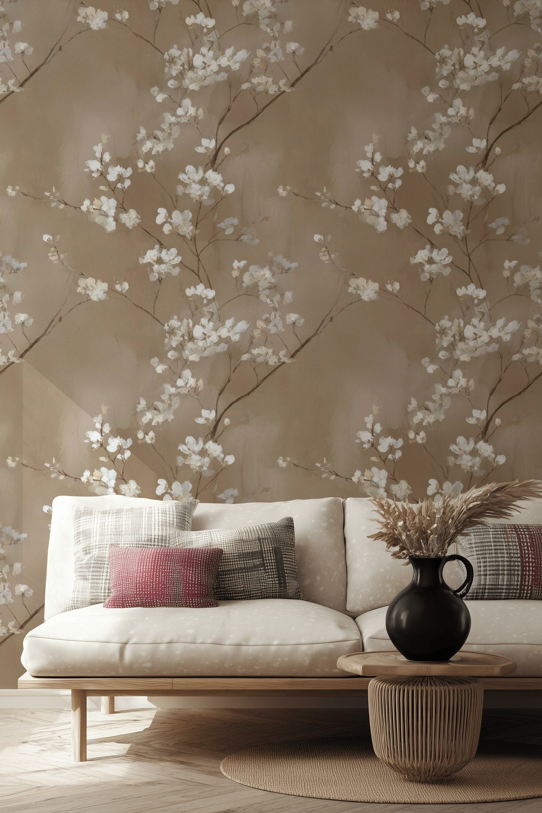 Beige Cherry Blossom Floral Wallpaper
