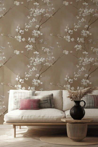 Beige Cherry Blossom Floral Wallpaper