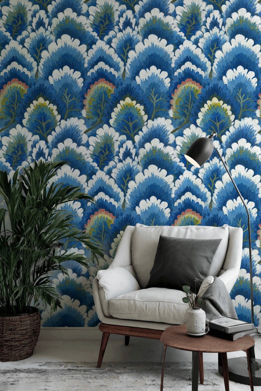 Blue Botanical Brushstroke Wallpaper Modern Wall Mural