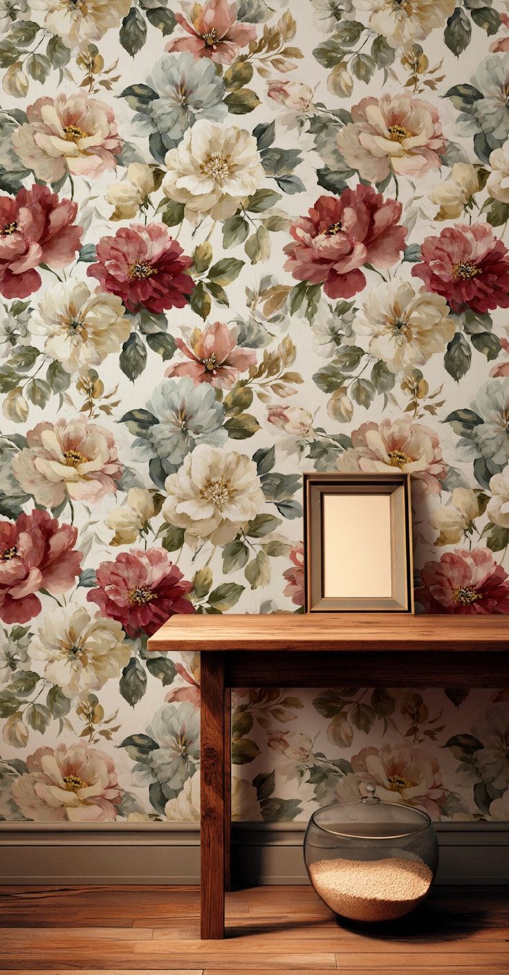 Warm Cream and Green Large Floral Wallpaper