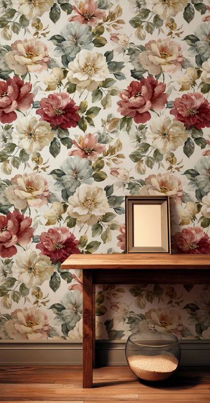 Warm Cream and Green Large Floral Wallpaper