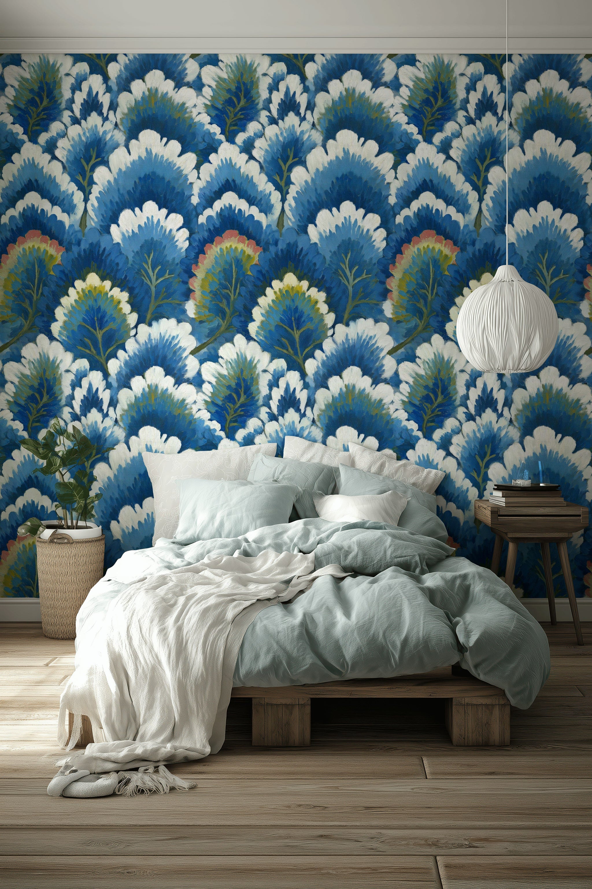 Vibrant Blue and White Large Floral Wallpaper
