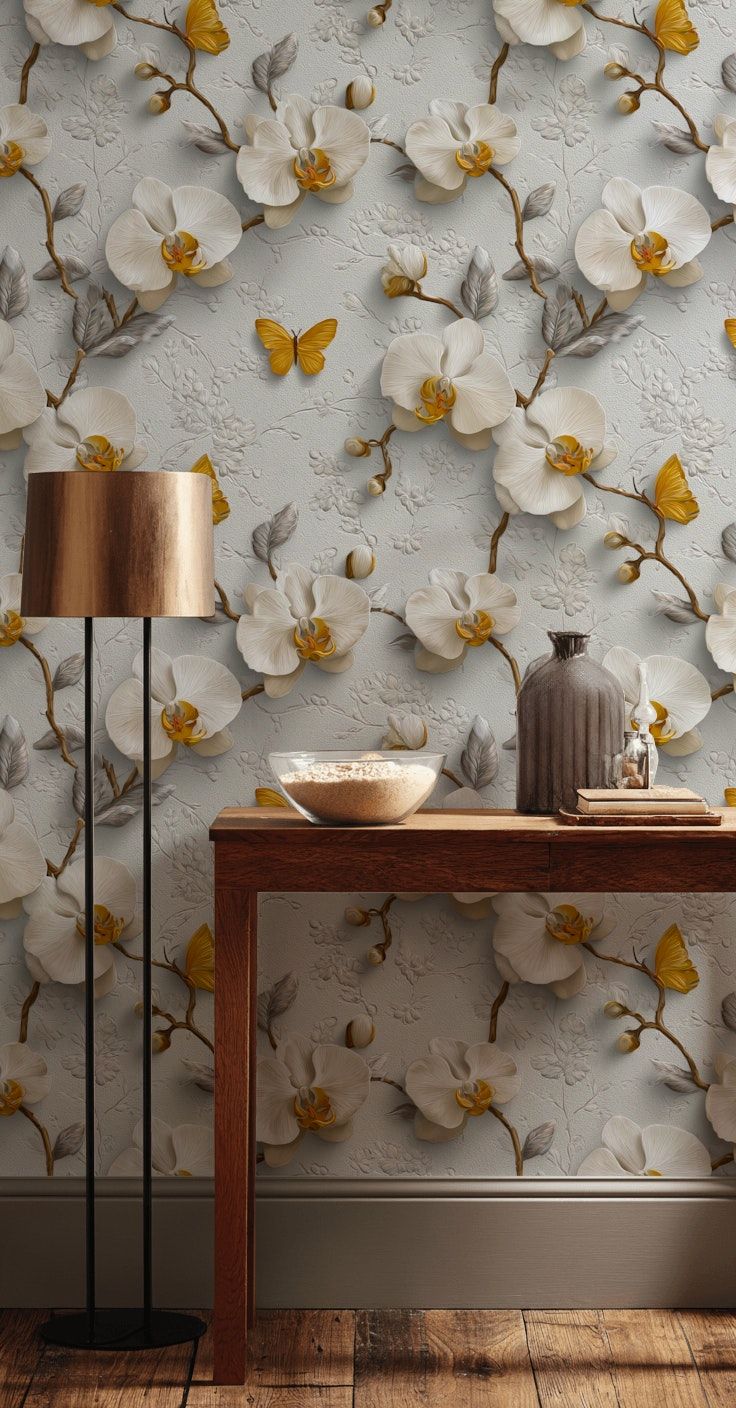 Orchid Floral Wallpaper White And Gold Look Wall Mural