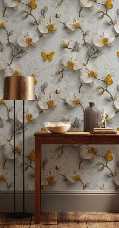 Elegant Gray and Yellow Orchid Floral Wallpaper