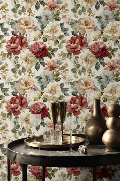 Warm Cream and Green Large Floral Wallpaper
