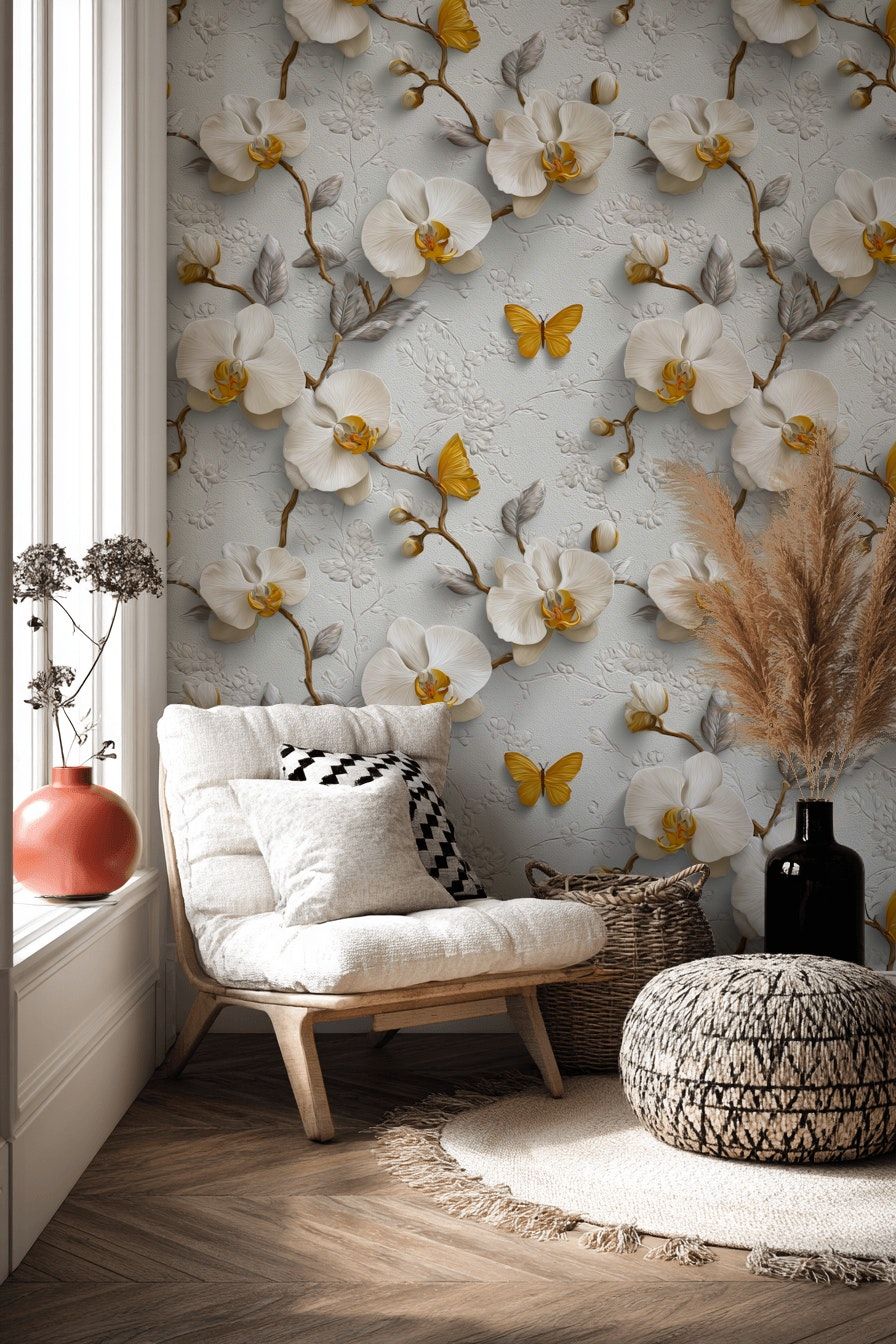 Orchid Floral Wallpaper White And Gold Look Wall Mural