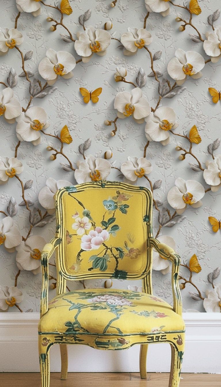 Elegant Gray and Yellow Orchid Floral Wallpaper