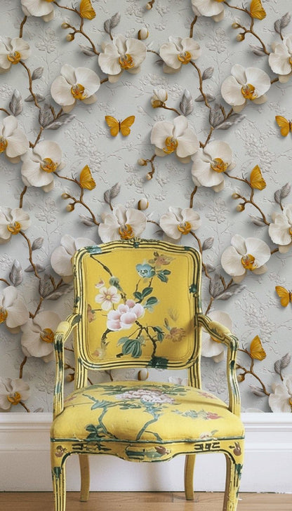 Elegant Gray and Yellow Orchid Floral Wallpaper