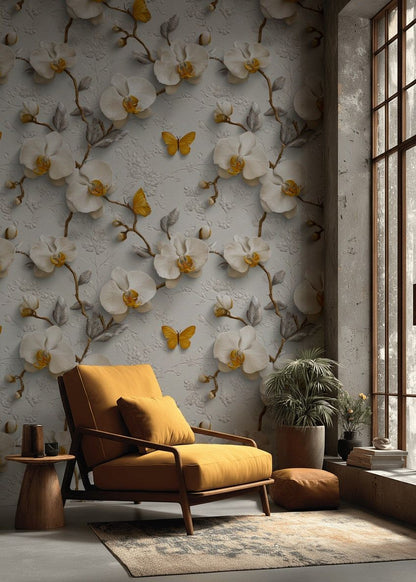 Elegant Gray and Yellow Orchid Floral Wallpaper