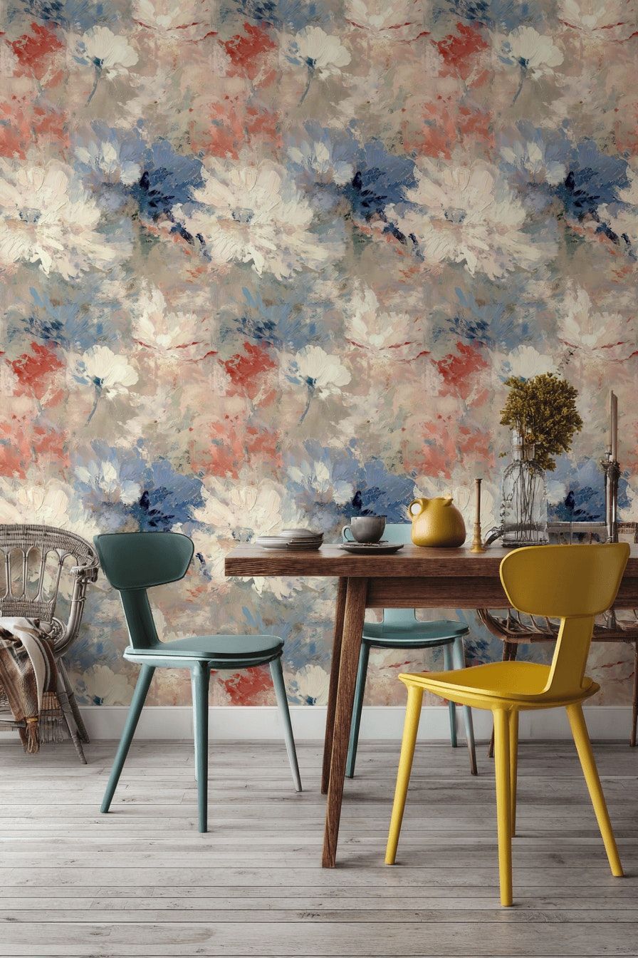 Beige and Blue Impressionist Floral Wallpaper
