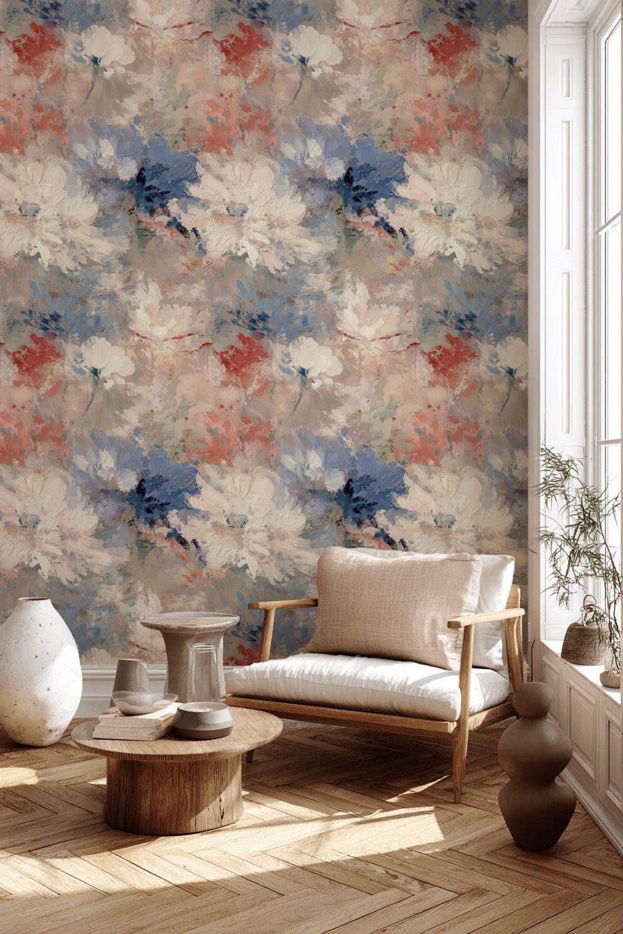 Beige and Blue Impressionist Floral Wallpaper