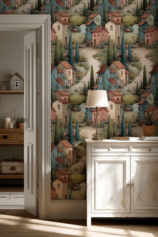 Mediterranean Village Wallpaper  Pastel Wall Mural