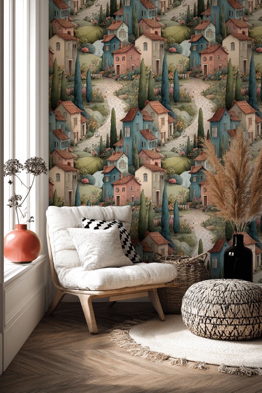 Mediterranean Village Wallpaper  Pastel Wall Mural
