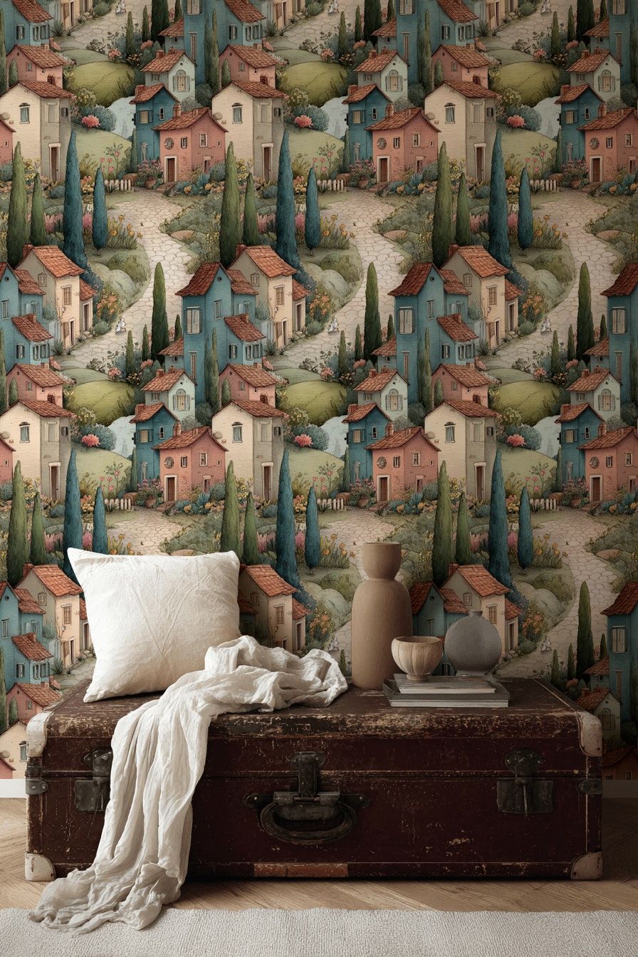 Mediterranean Village Wallpaper  Pastel Wall Mural