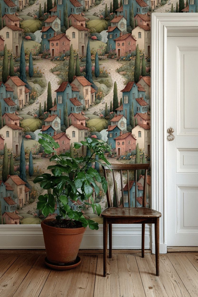 Mediterranean Village Wallpaper  Pastel Wall Mural