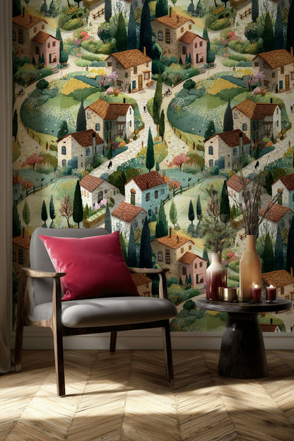 Charming Village Landscape Wallpaper