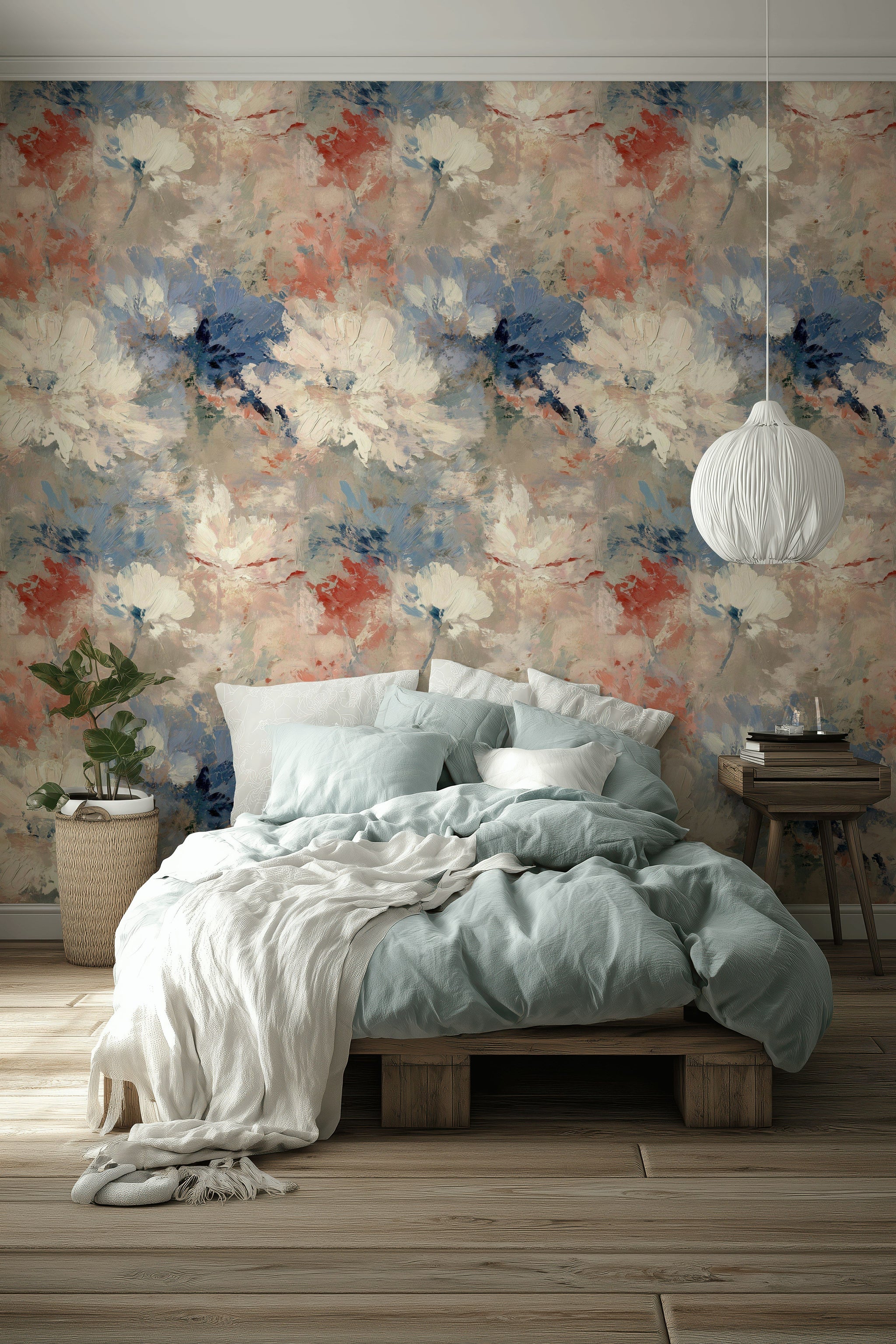 Beige and Blue Impressionist Floral Wallpaper