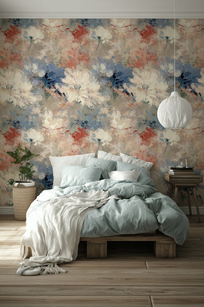 Beige and Blue Impressionist Floral Wallpaper