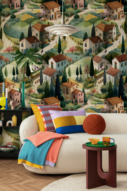 Charming Village Landscape Wallpaper