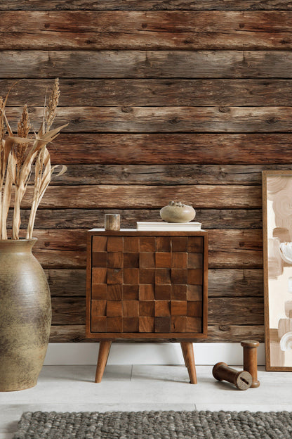 Aged Chestnut Wood Plank Effect Wallpaper