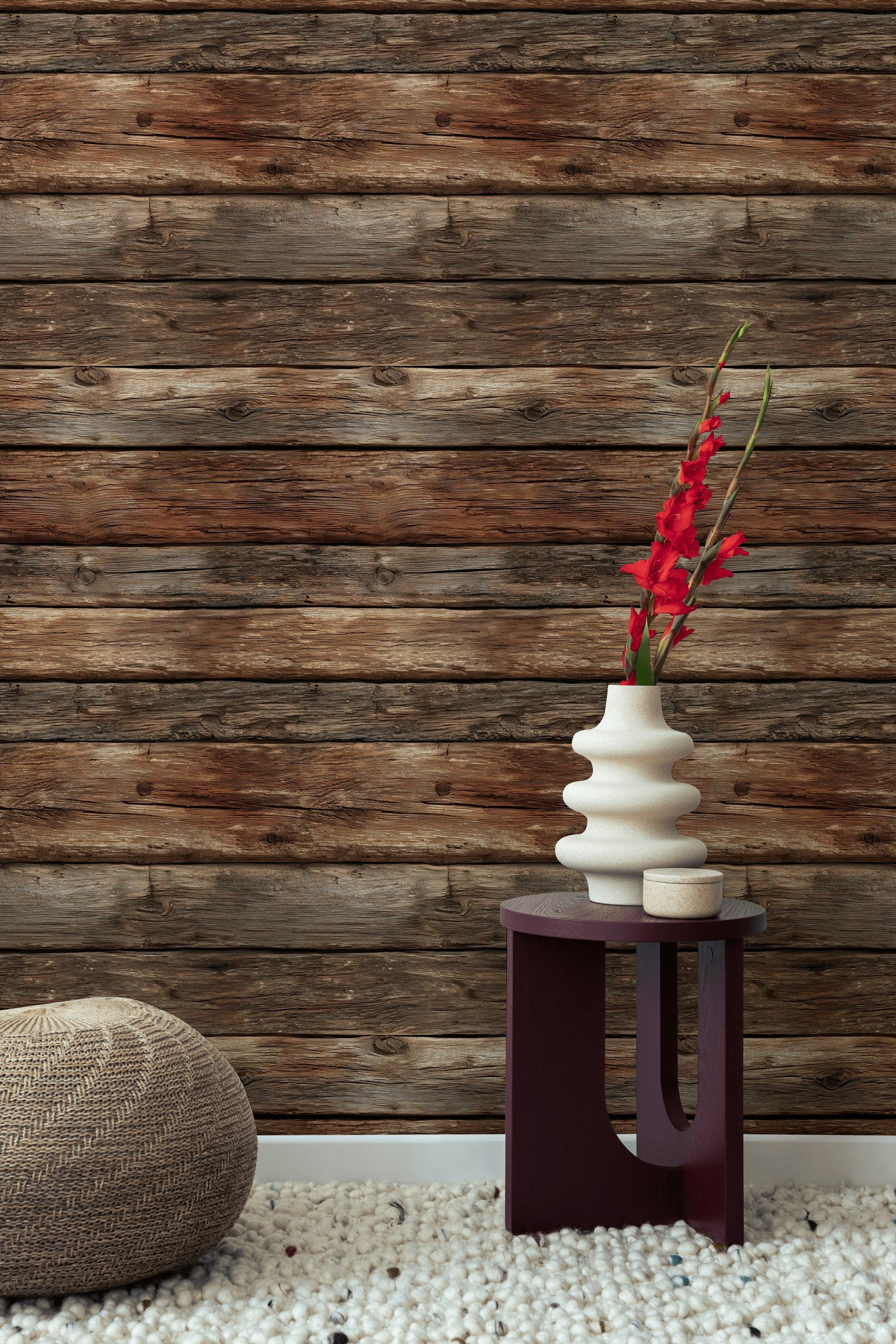 Aged Chestnut Wood Plank Effect Wallpaper