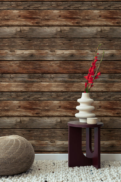 Aged Chestnut Wood Plank Effect Wallpaper