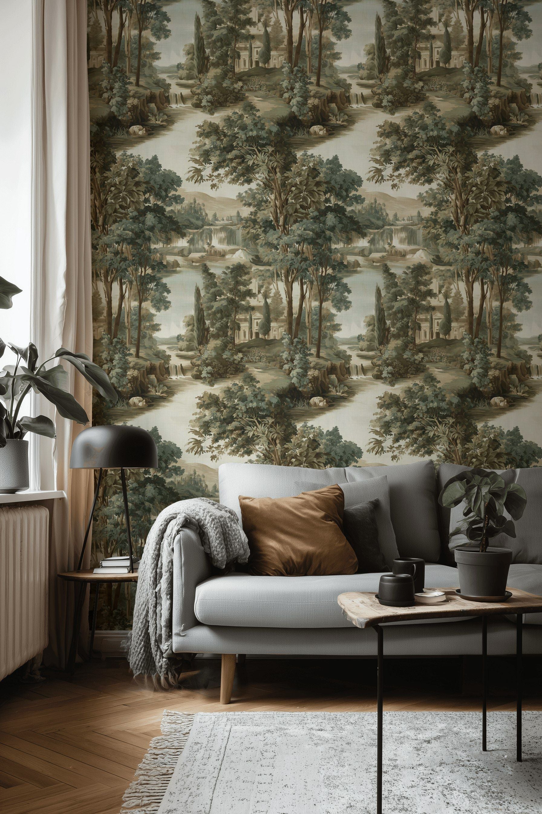 Muted Green and Beige Scenic Landscape Wallpaper
