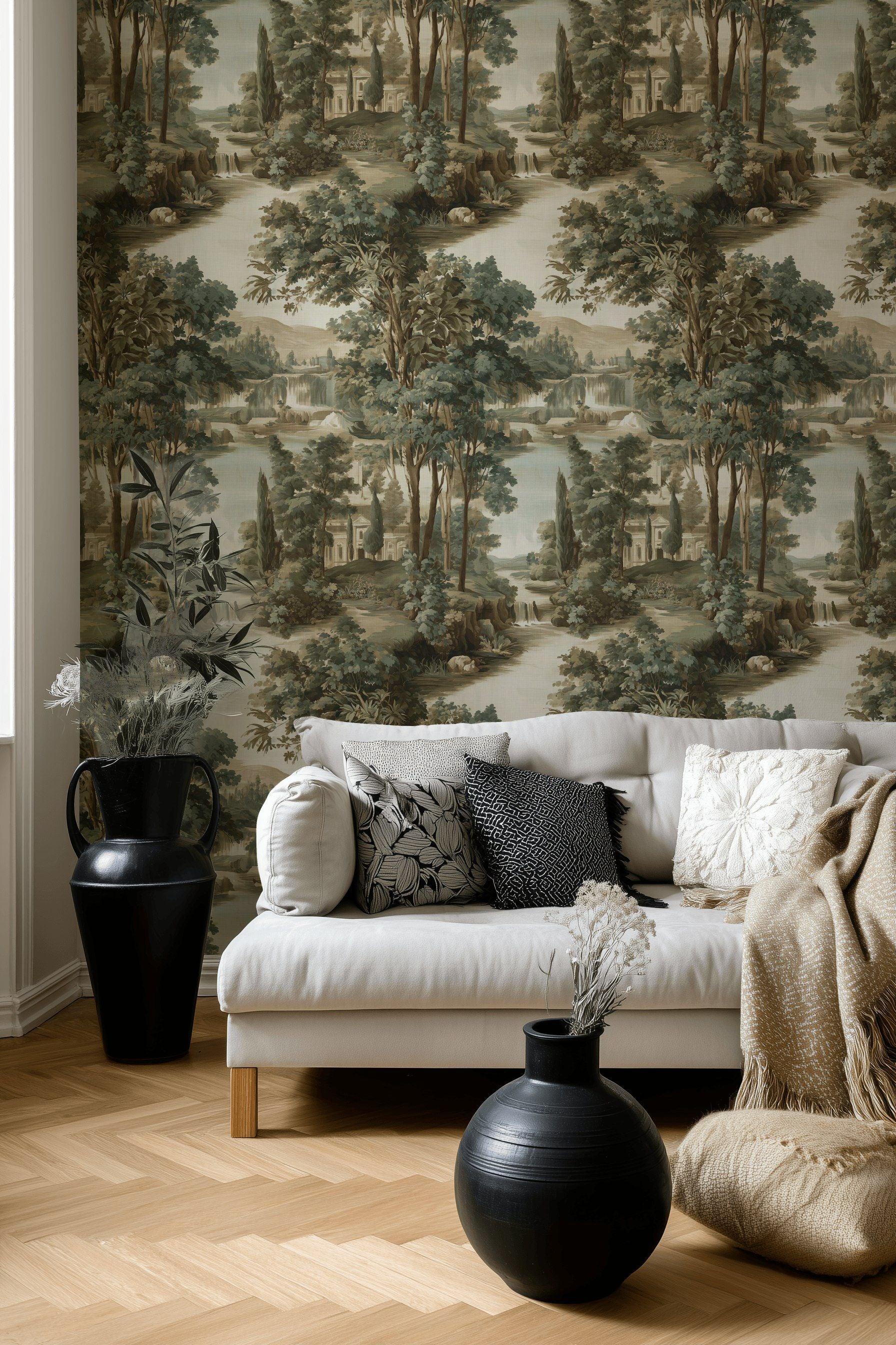 Muted Green and Beige Scenic Landscape Wallpaper