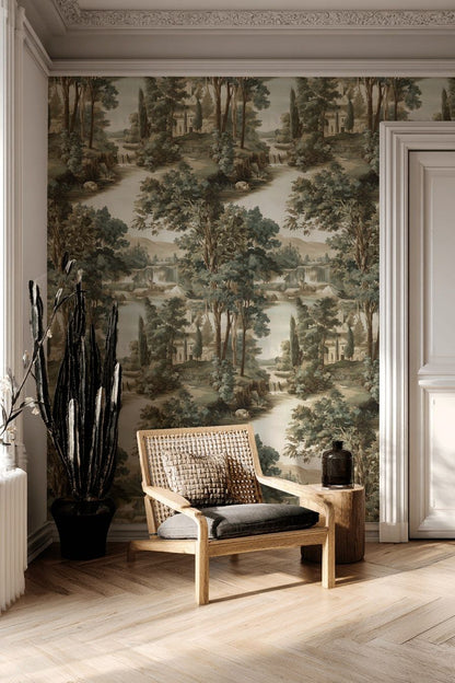 Muted Green and Beige Scenic Landscape Wallpaper