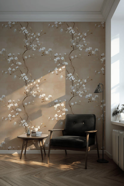 Beige Background Cherry Blossom Floral Wallpaper