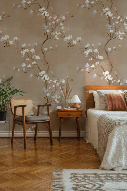 Beige Background Cherry Blossom Floral Wallpaper