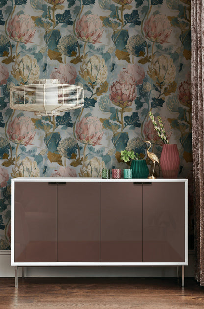 Cream and Multicolor Large Floral Wallpaper