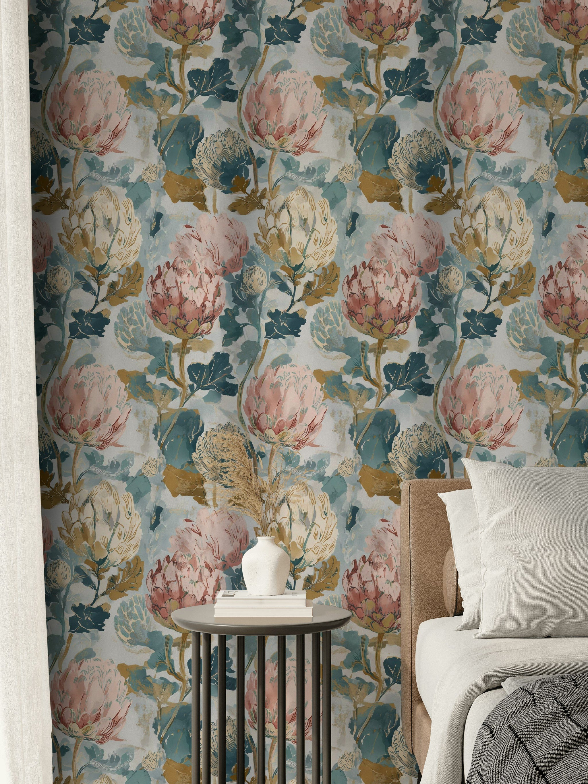 Cream and Multicolor Large Floral Wallpaper