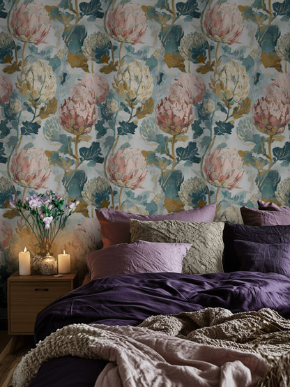 Cream and Multicolor Large Floral Wallpaper