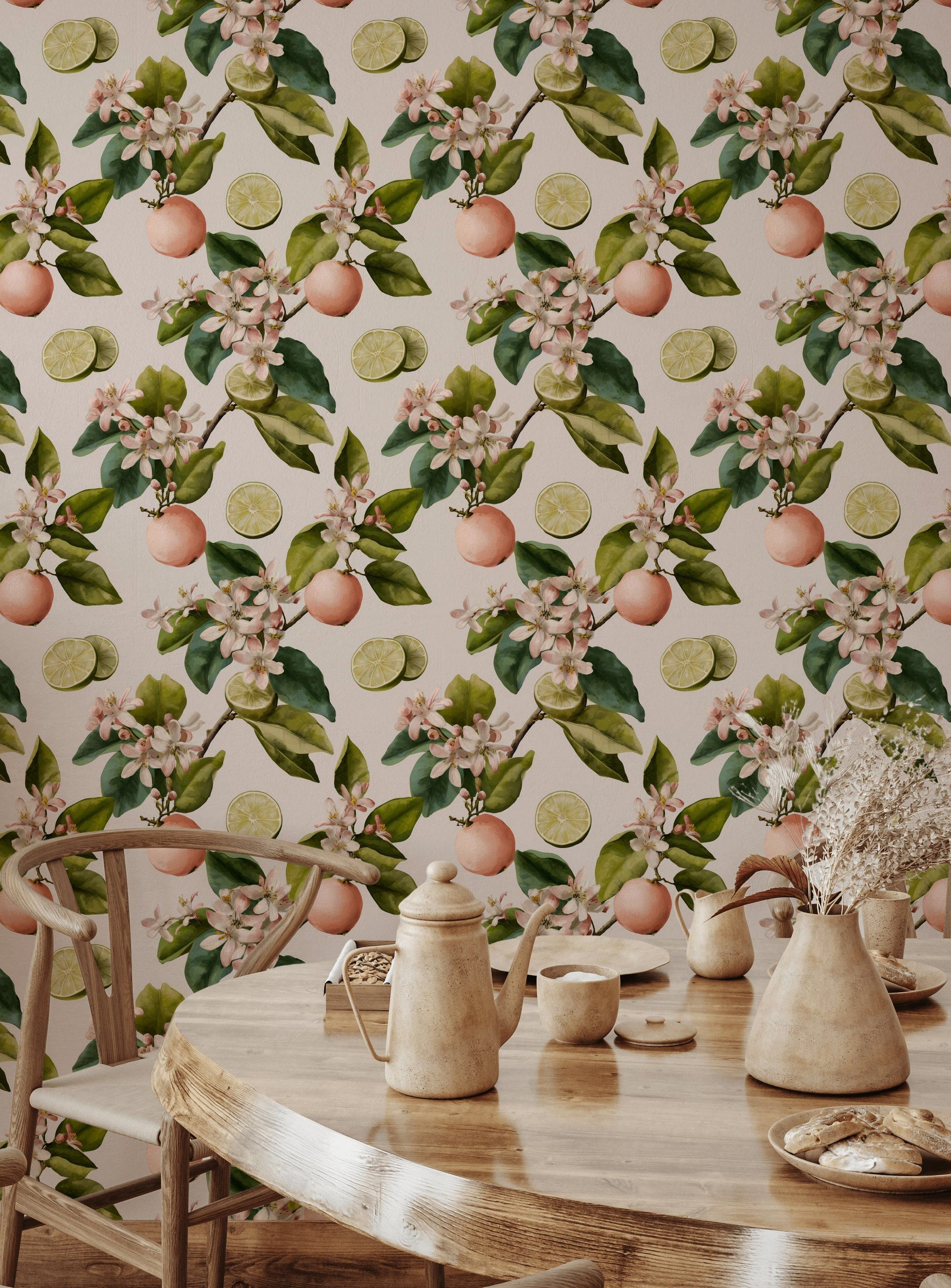Cream and Green Citrus Blossom Wallpaper