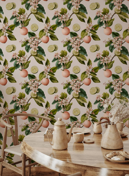 Cream and Green Citrus Blossom Wallpaper
