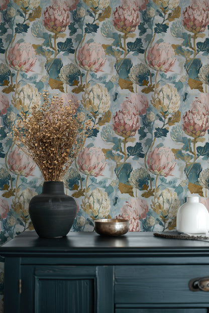 Cream and Multicolor Large Floral Wallpaper