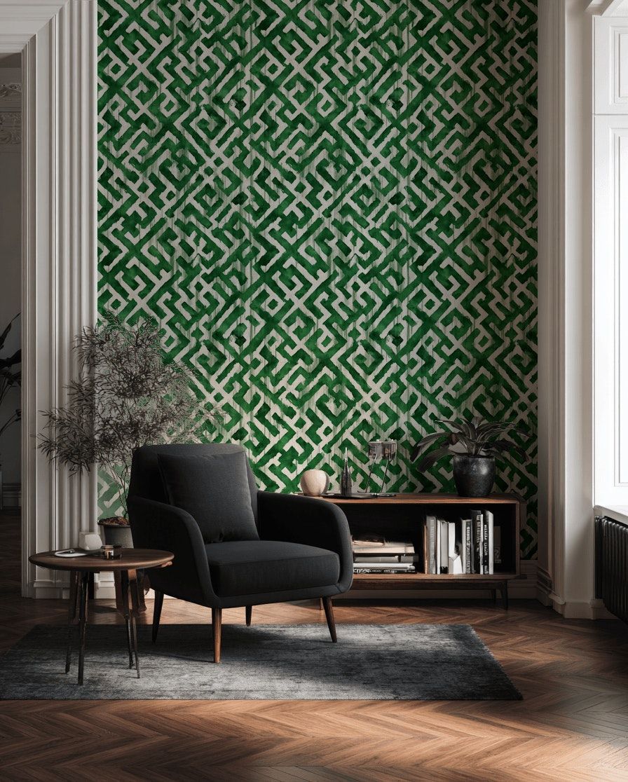 Emerald Green Geometric Maze Wallpaper